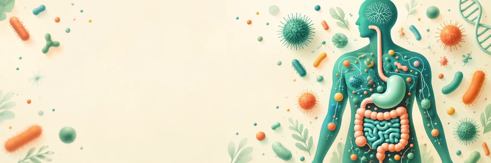 Ilustración del sistema digestivo rodeado de bacterias de la microbiota intestinal